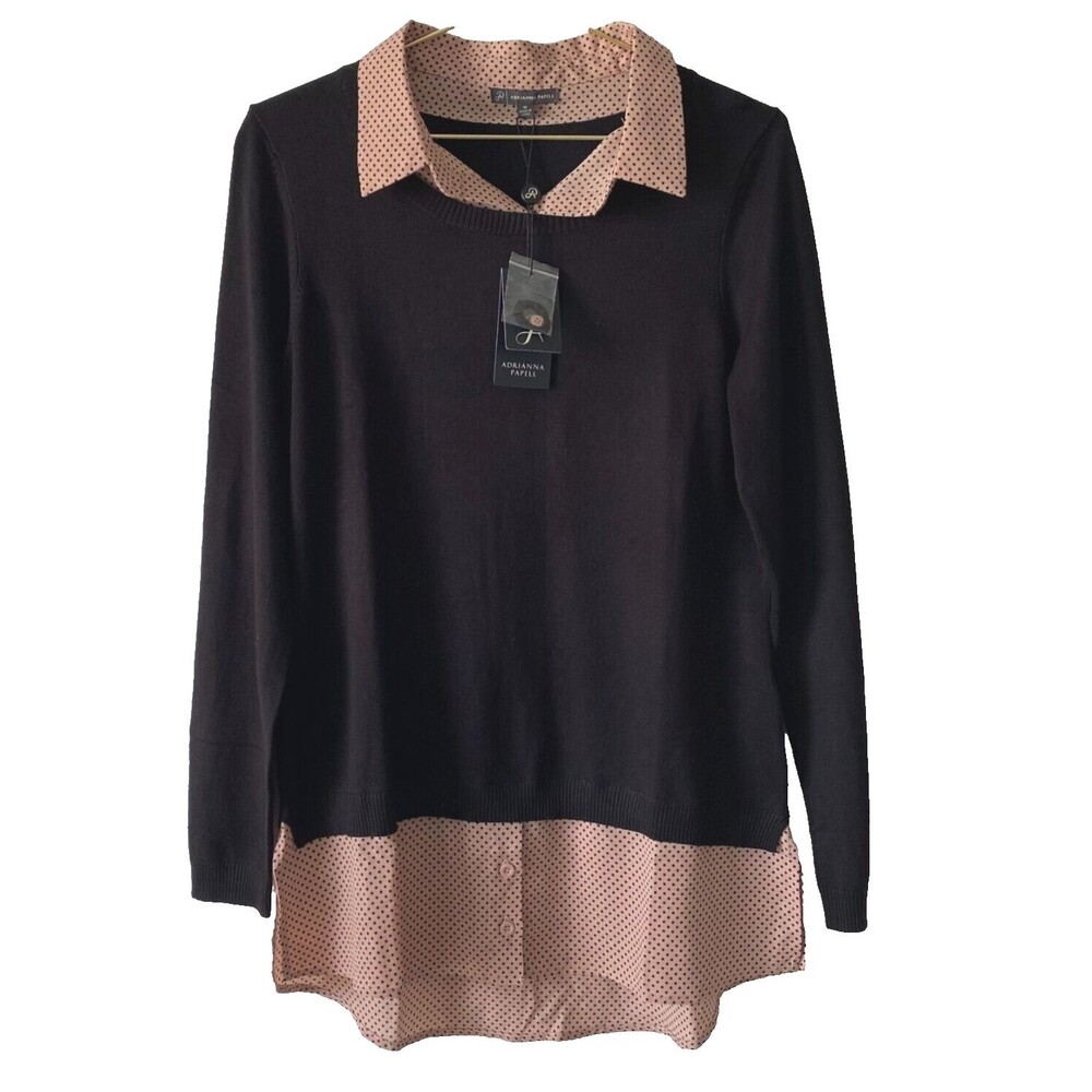 NWT Adrianna Papell Sweater Womens M Black Contrasting Tan Collar And Hem‎ Tunic